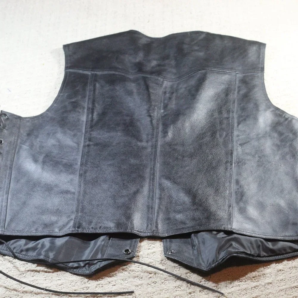 Vintage Genuine Leather Size XXL Heavy Black Moto Vest w Adjustable Sides